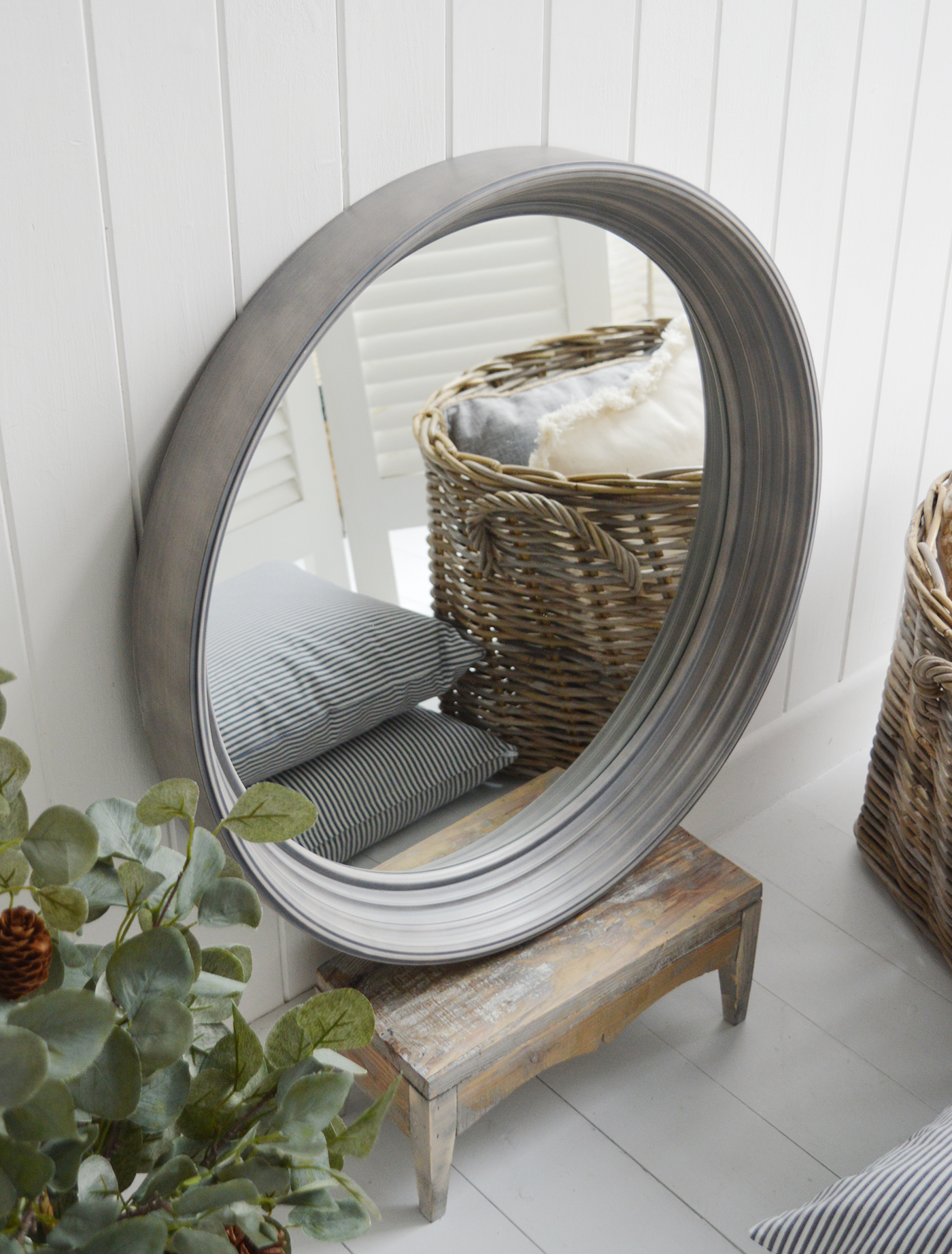 Hudson Grey Round large mirror for New England country, coastal and white home interiors. New England Furniture and Interiors