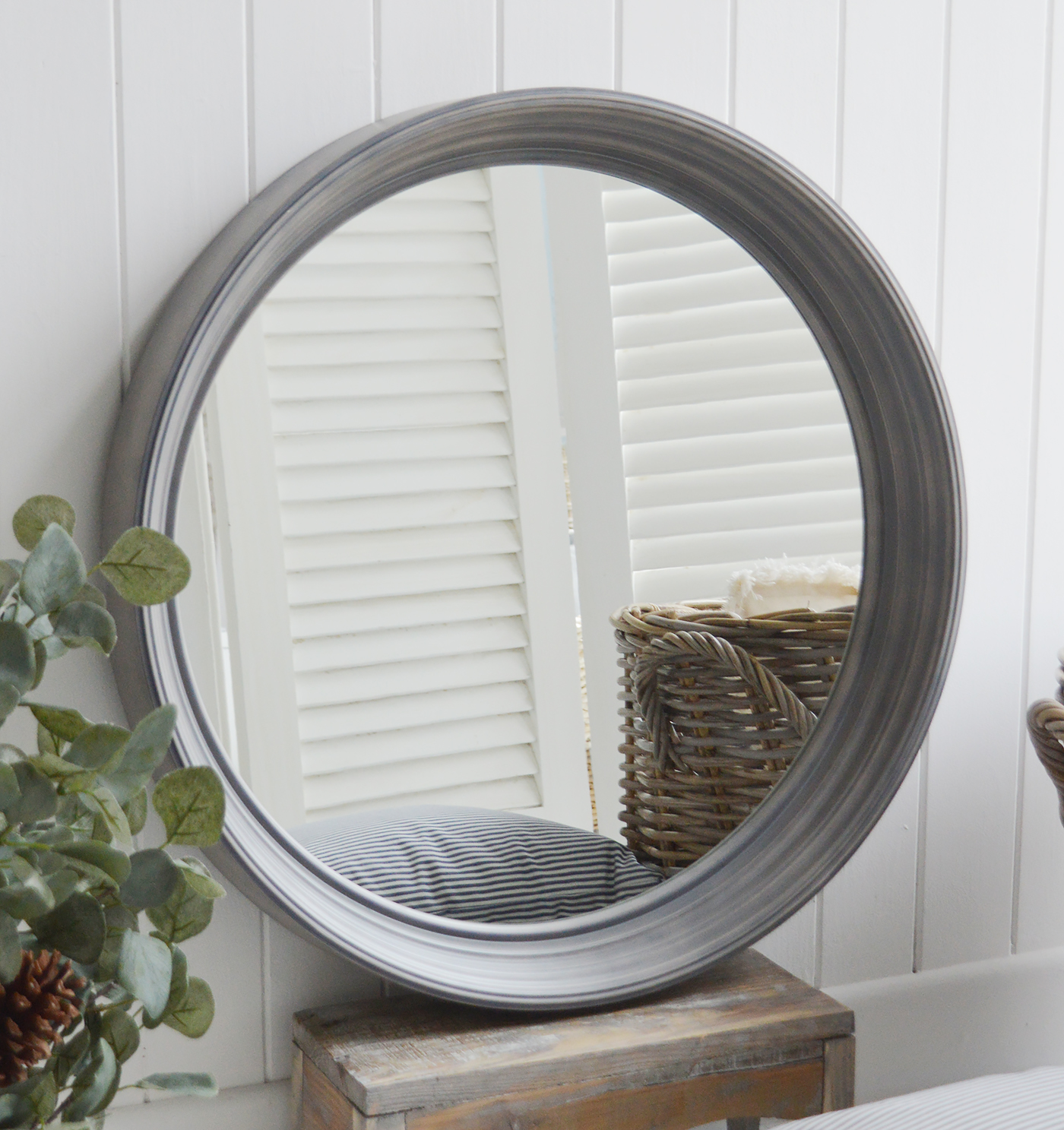 Hudson Grey Round large mirror New England Furniture and Interiors