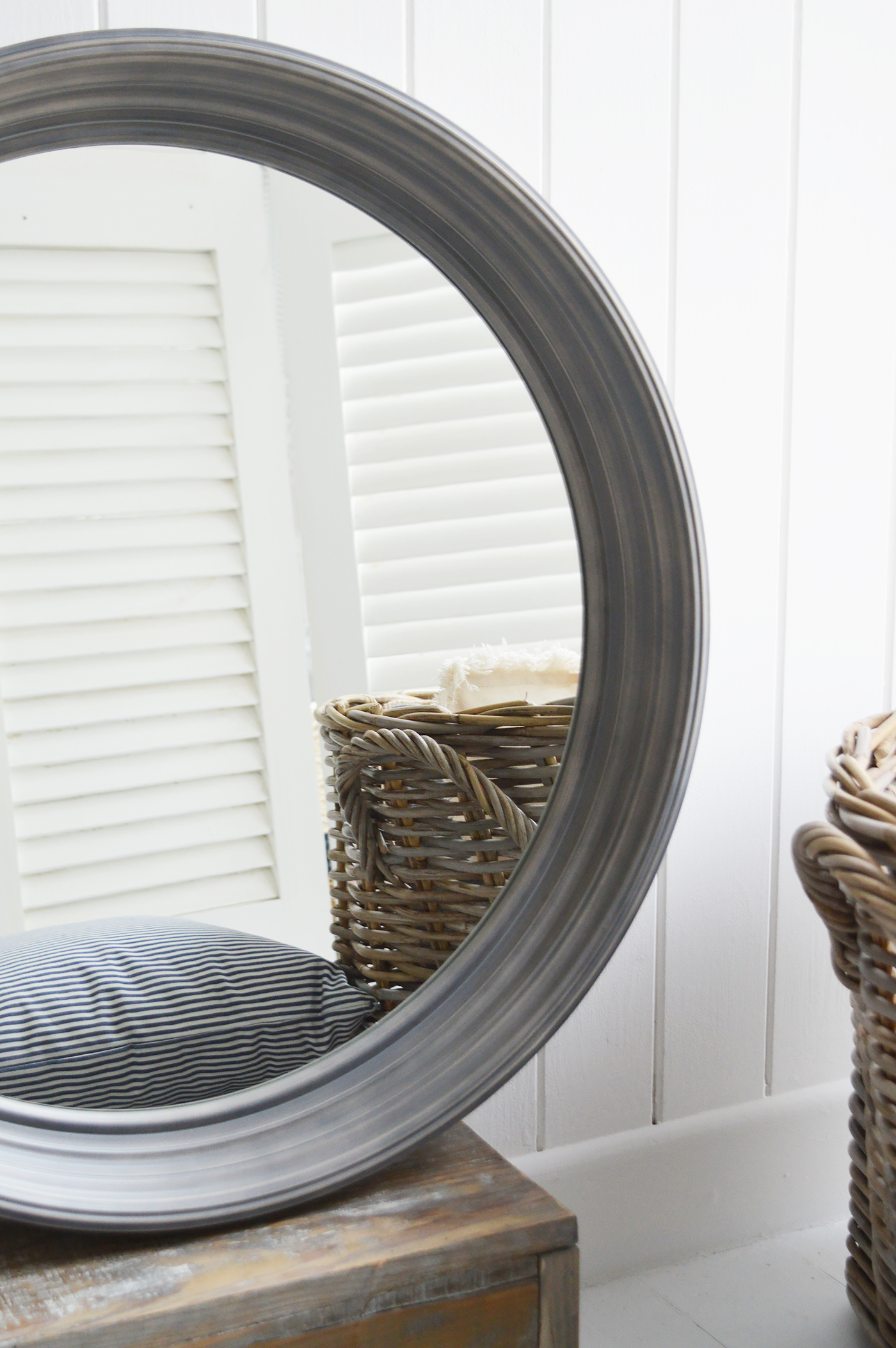 Hudson Grey Round large mirror for New England country, coastal and white home interiors. New England Furniture and Interiors