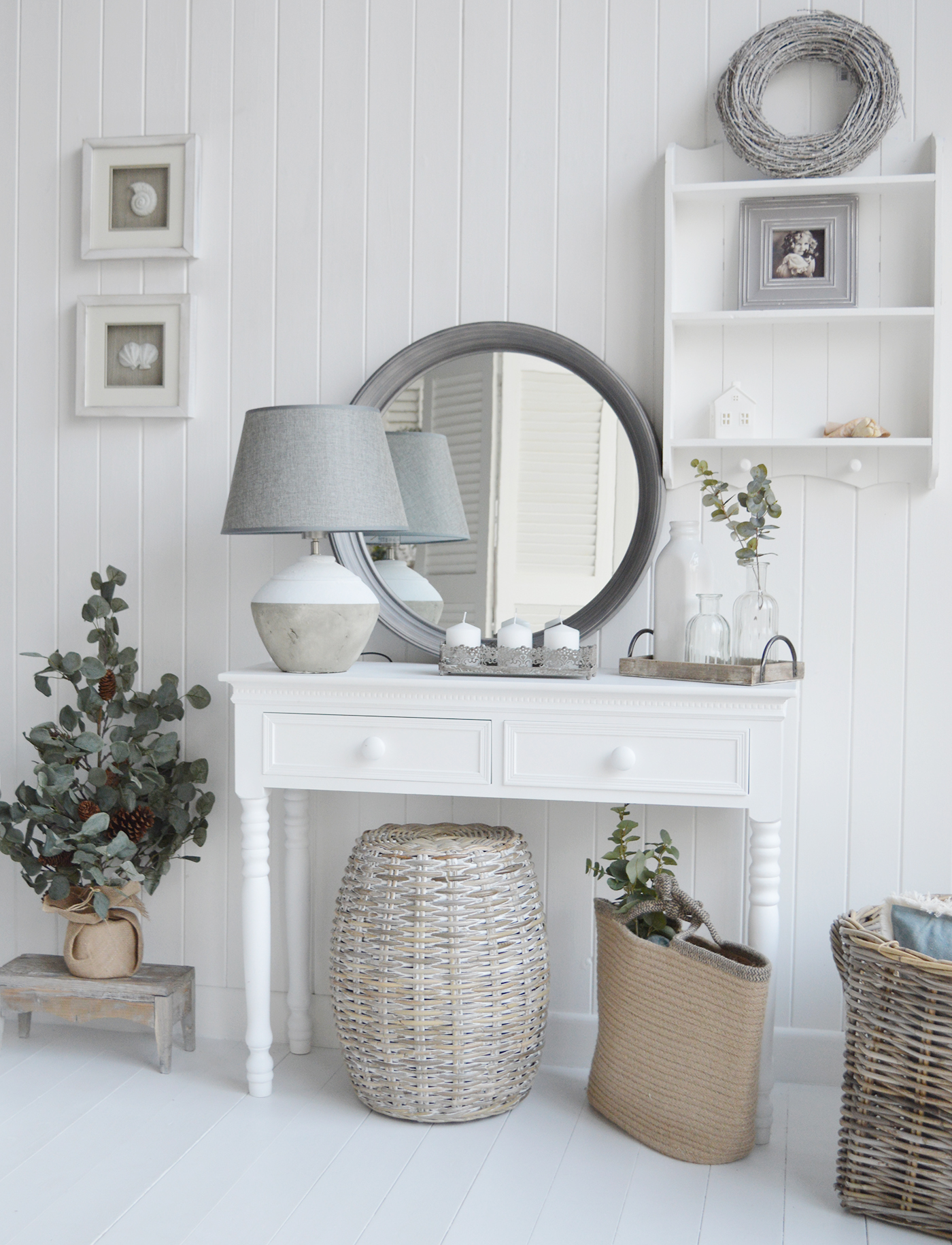 Hudson Grey Round large mirror for New England country, coastal and white home interiors. New England Furniture and Interiors