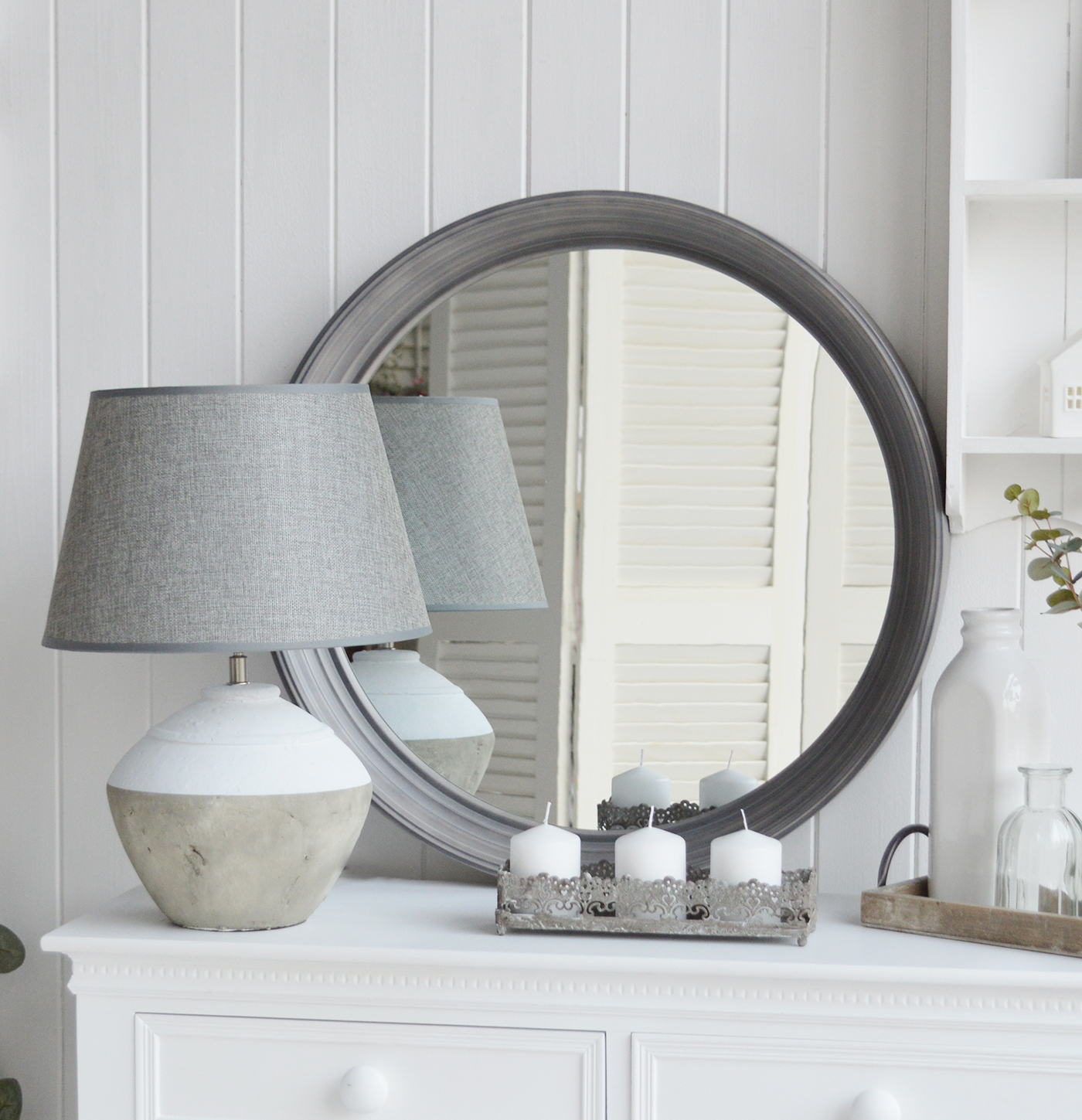 Hudson Grey Round large mirror New England Furniture and Interiors