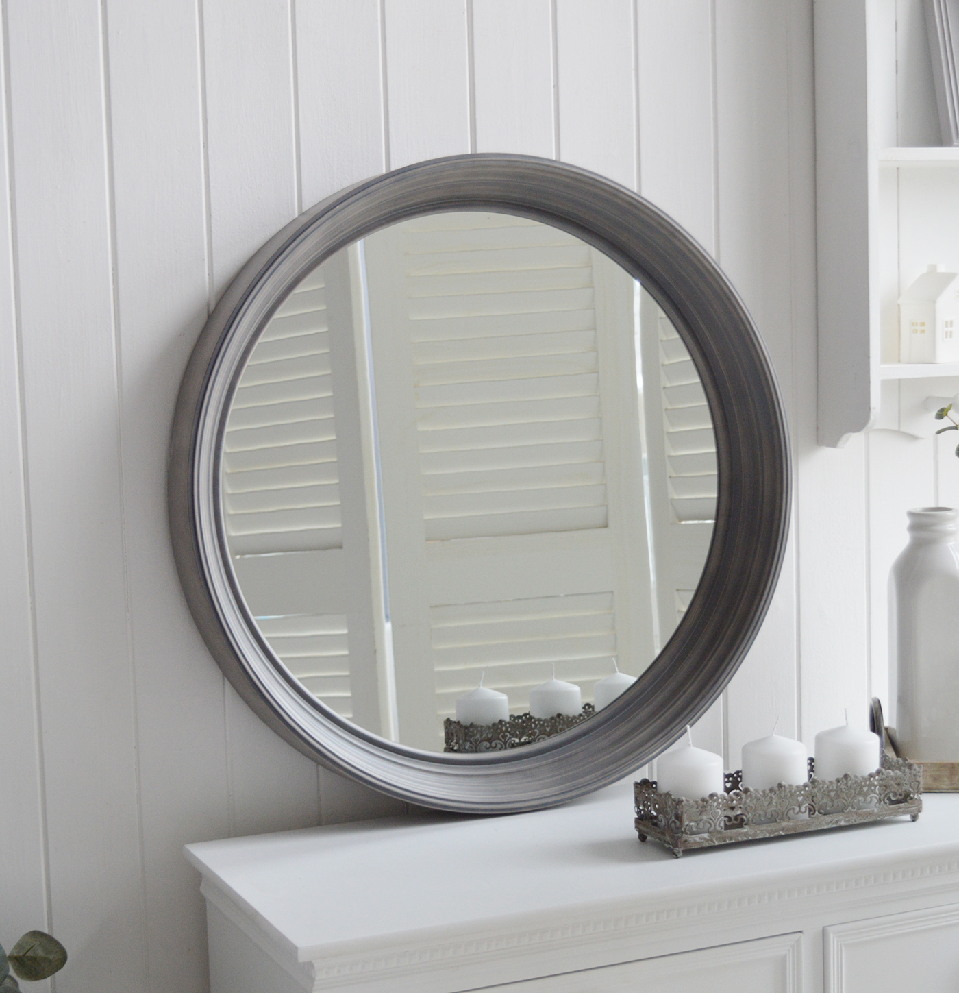 Hudson Grey Round large mirror New England Furniture and Interiors
