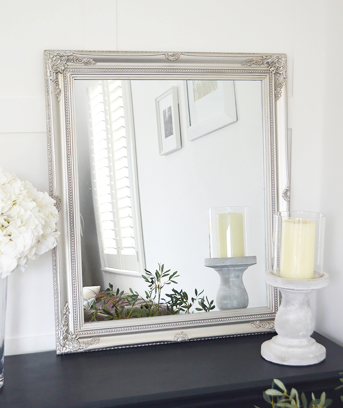 The White Lighthouse. White hall furniture and accessories for the home. Large decorative silver wall mirror for over mantel, dressing table or hall mirror