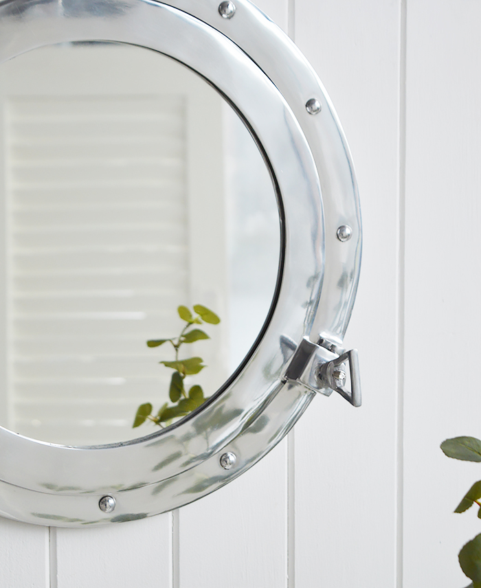 Silver porthole nautical mirror for coastal inspired bathrooms and cloakrooms