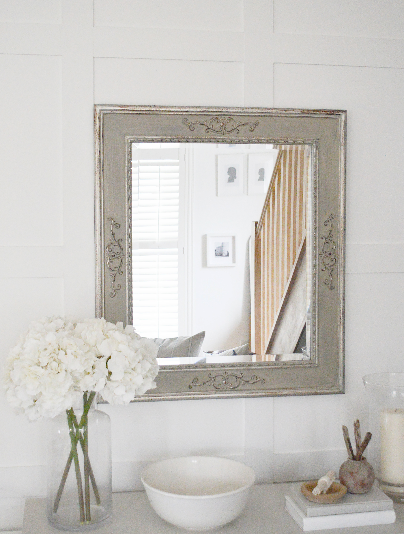 The White Lighthouse. White hall furniture and accessories for the home. Vermont wall mirror can be hung landscape or portrait for New England styled interiors in country and coastal homes