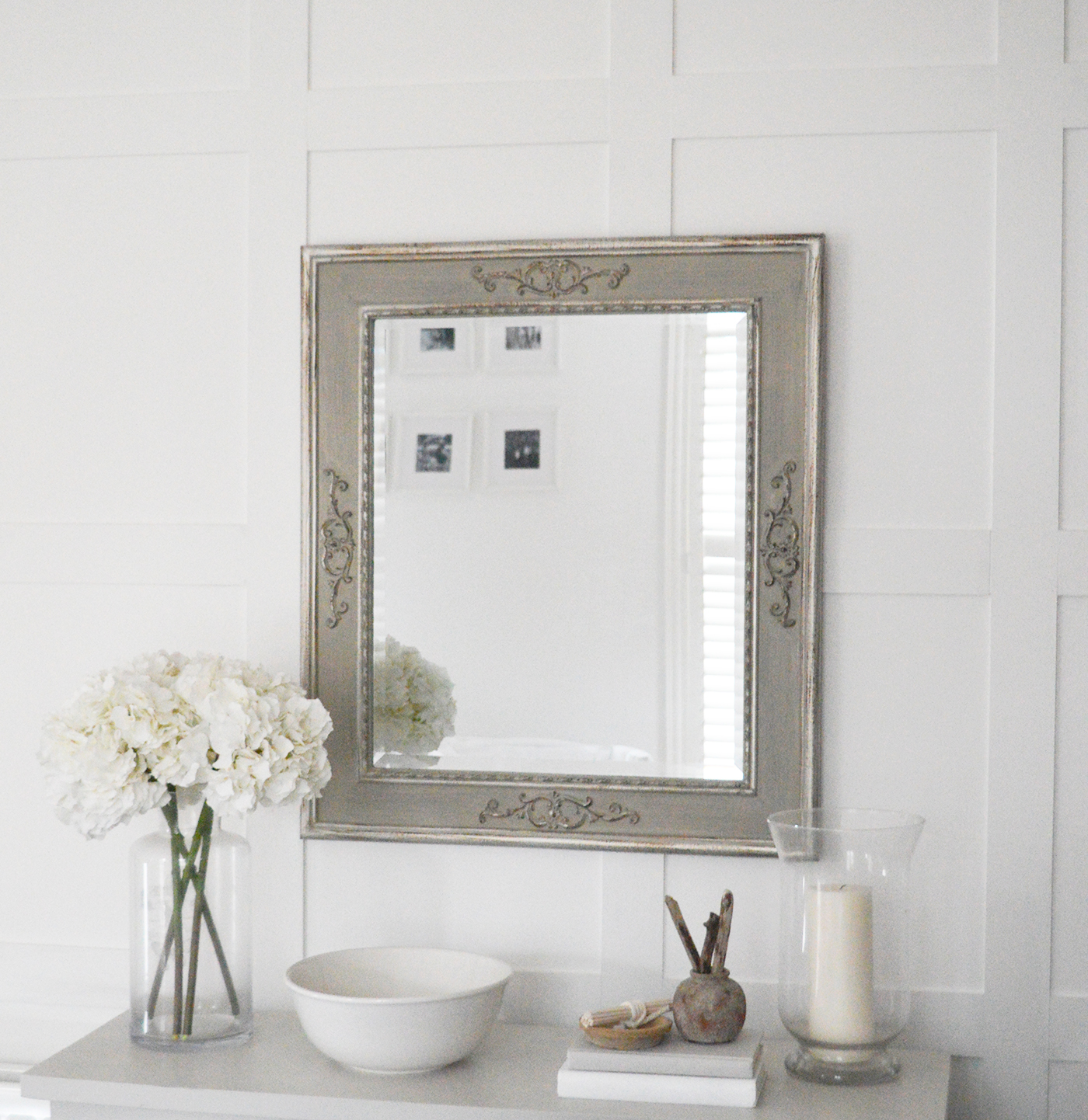 The White Lighthouse. White hall furniture and accessories for the home. Vermont wall mirror can be hung landscape or portrait for New England styled interiors in country and coastal homes