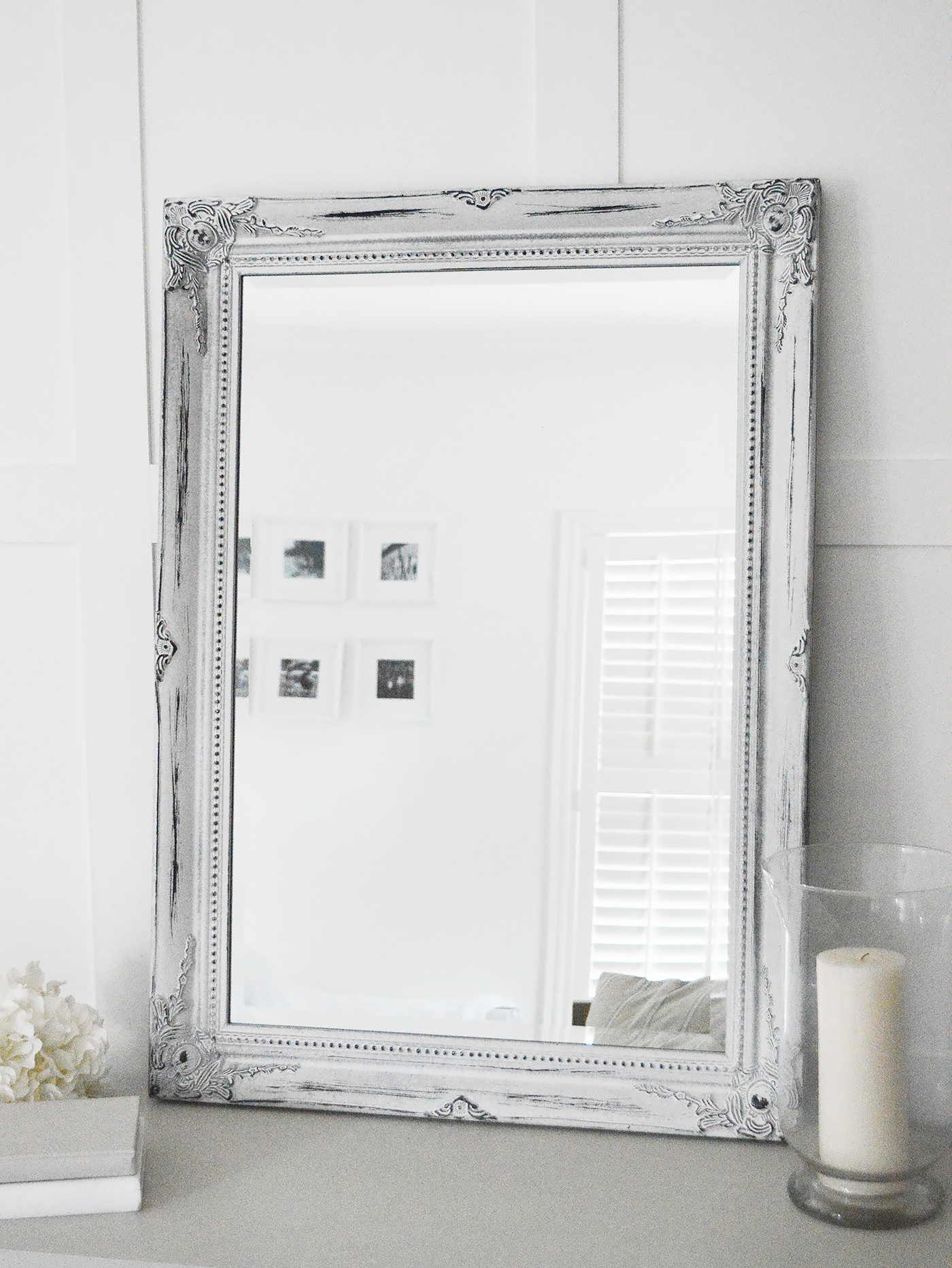 The White Lighthouse. White hall furniture and accessories for the home. Large Versailles white wall mirror can be hung landscape or portrait for New England styled interiors in country and coastal homes