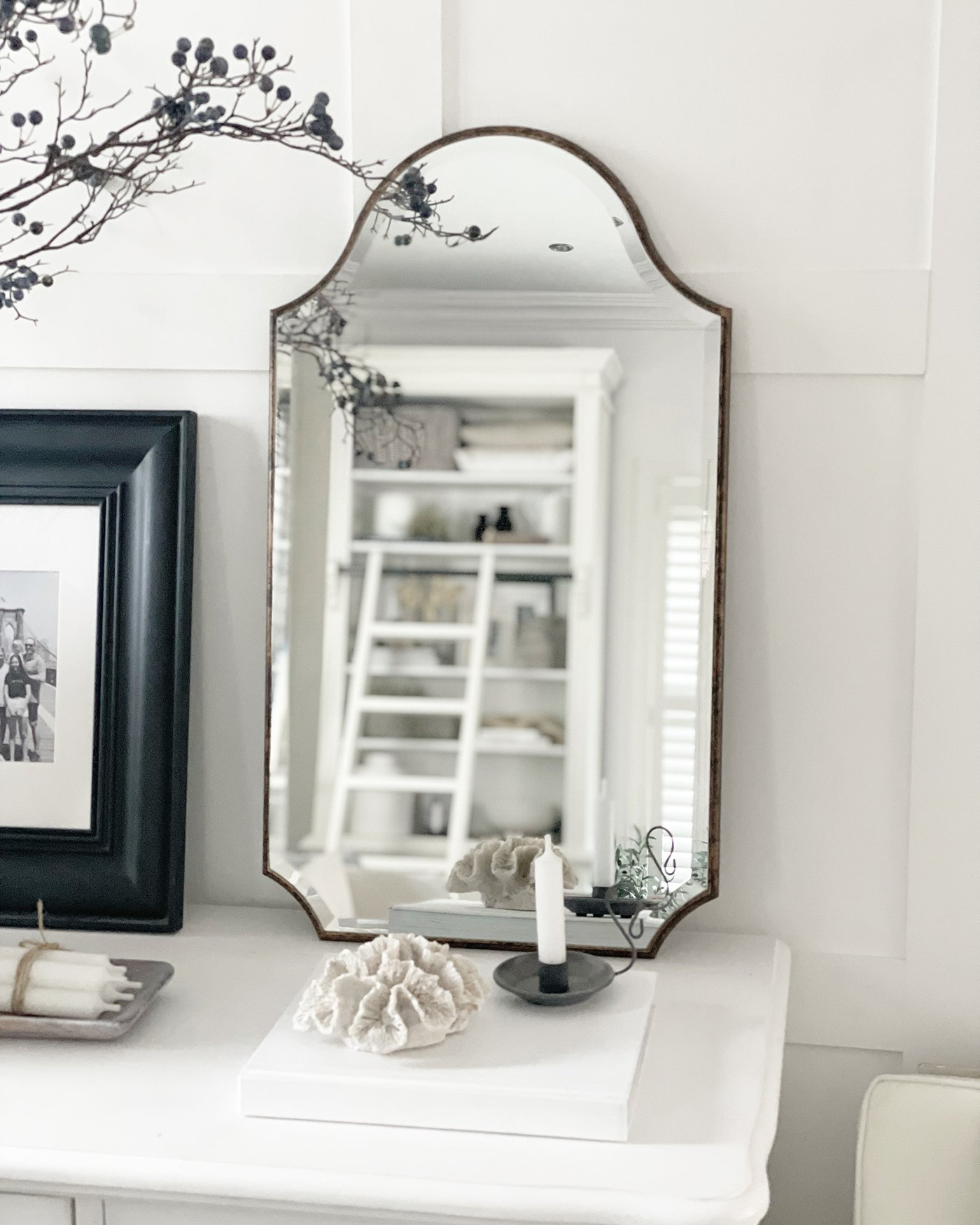 Waterbury mirror in a New England styled white living room - coastal, country and modern farmhouse furniture and decor