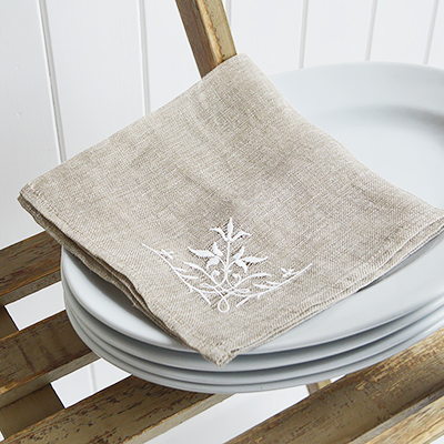Linen napkin placemat for New England White Interiors for coastal, country and modern farmhouse home interiors from The White Lighthouse - White Platter Plate