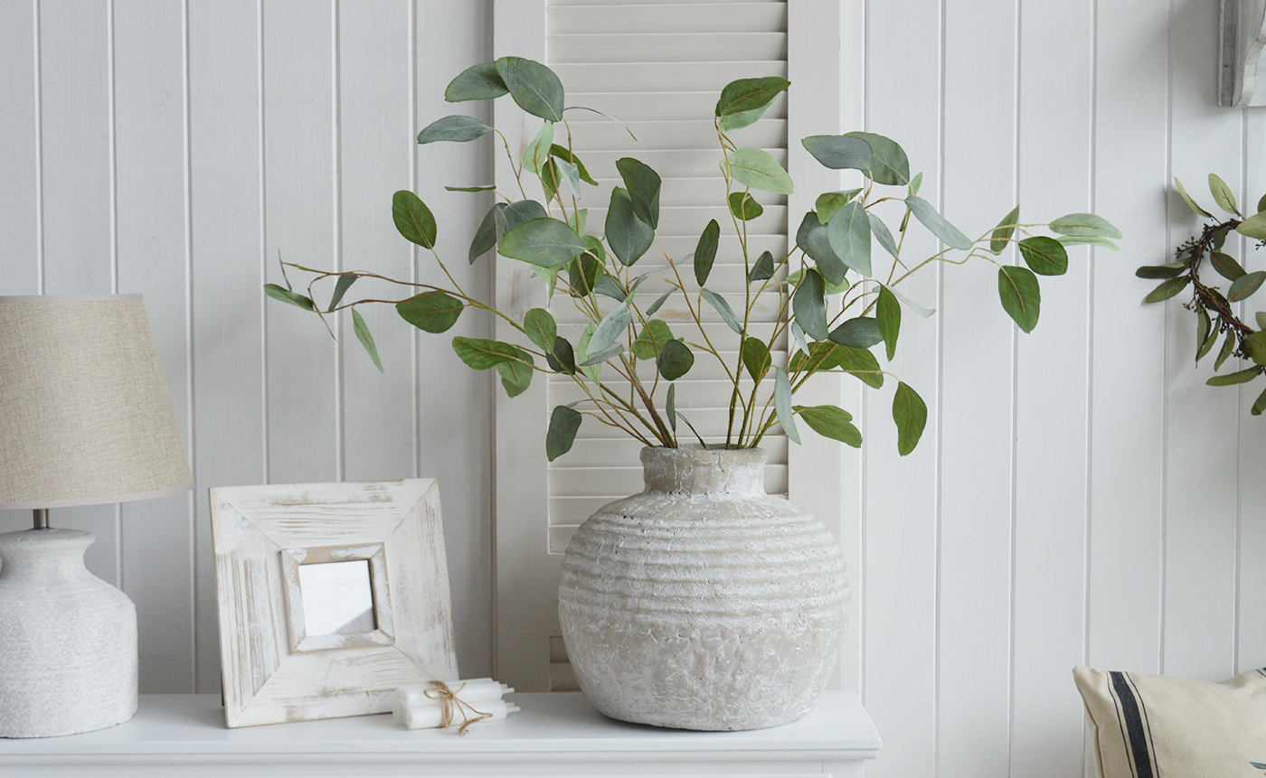 Newfane large stone vase, ideal for styling in a New England styled homes for coastal, country and modern farmhouse interiors, complementing the furniture