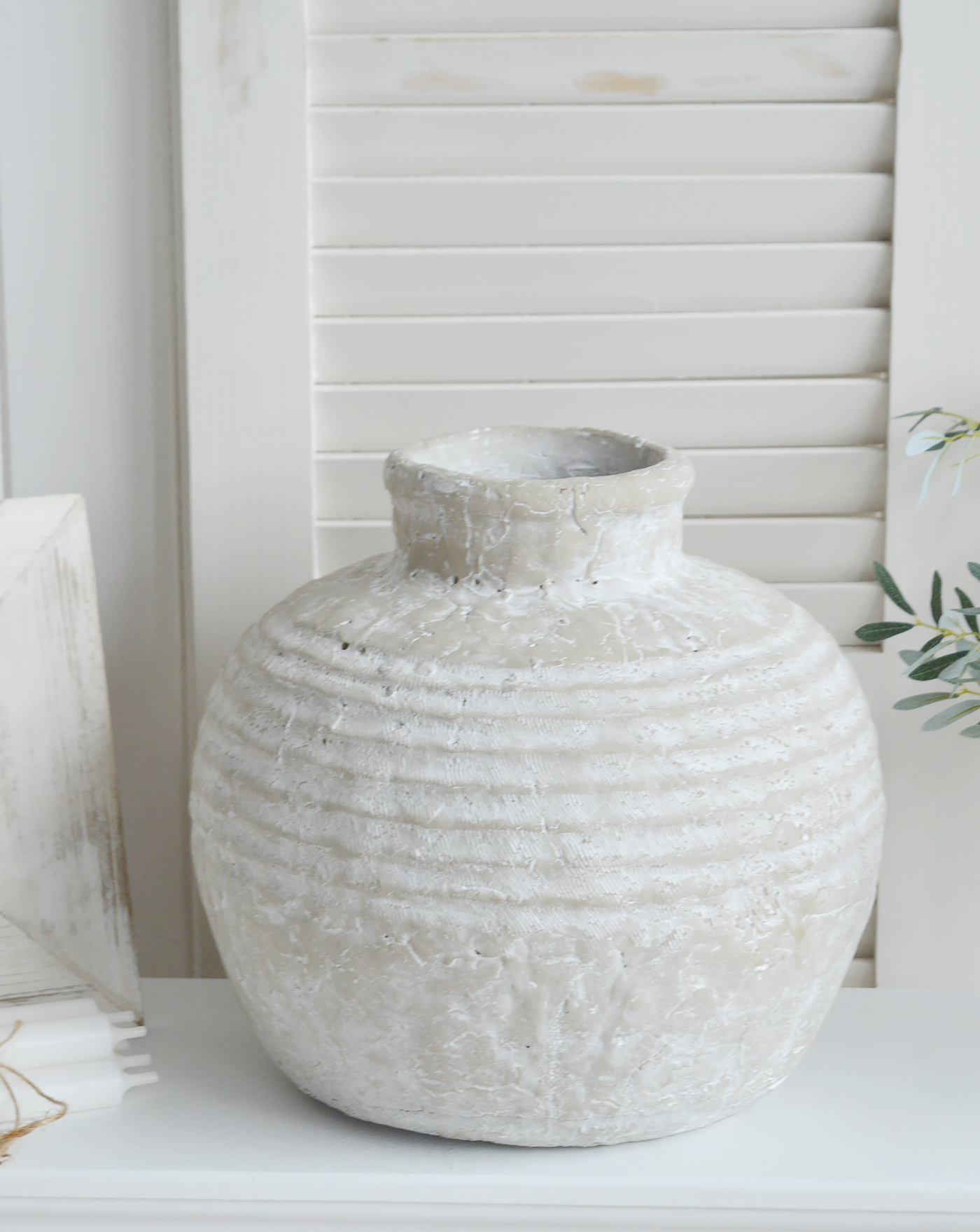 Newfane large stone vase, ideal for styling in a New England styled homes for coastal, country and modern farmhouse interiors, complementing the furniture