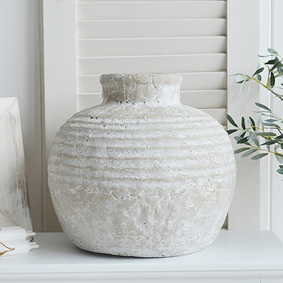 Newfane large stone round vase, ideal for styling in New England styled homes for coastal, country and modern farmhouse interiors, complementing the furniture