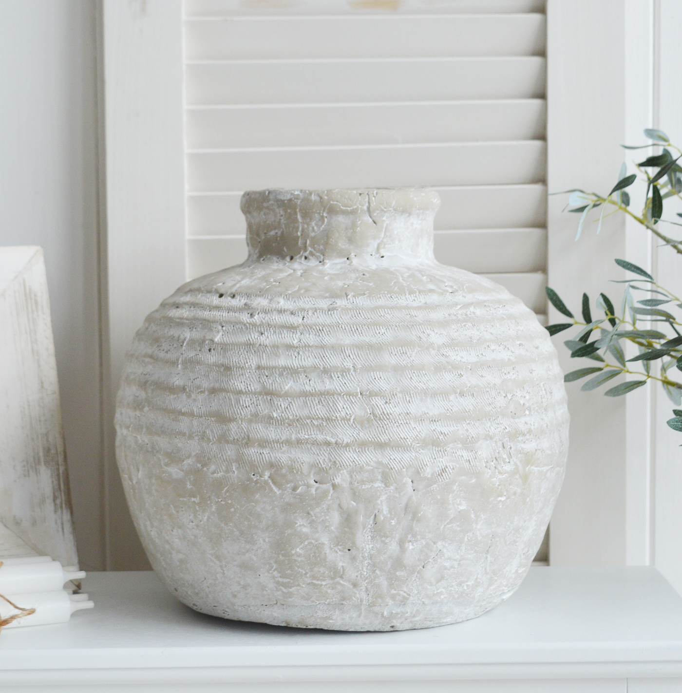 Newfane large stone vase, ideal for styling in a New England styled homes for coastal, country and modern farmhouse interiors, complementing the furniture