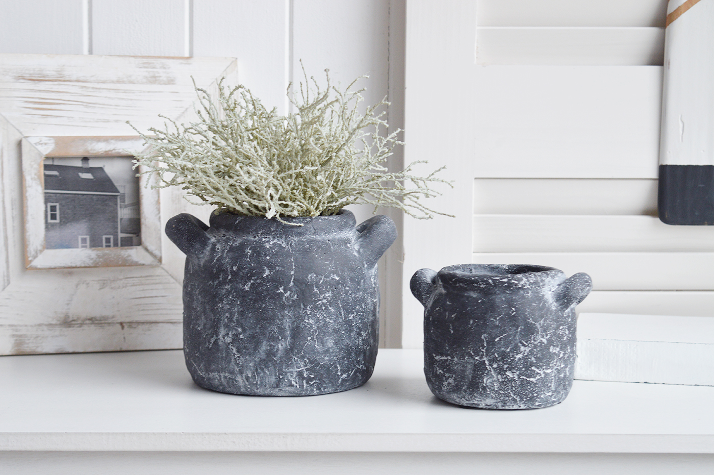 Newfane small stone pots, ideal for styling in New England styled homes for coastal, country and modern farmhouse interiors, complementing and contrasting the furniture