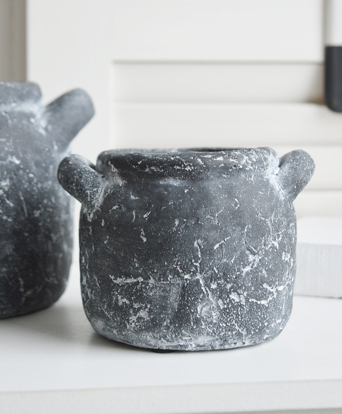 Newfane small stone pots, ideal for styling in New England styled homes for coastal, country and modern farmhouse interiors, complementing and contrasting the furniture