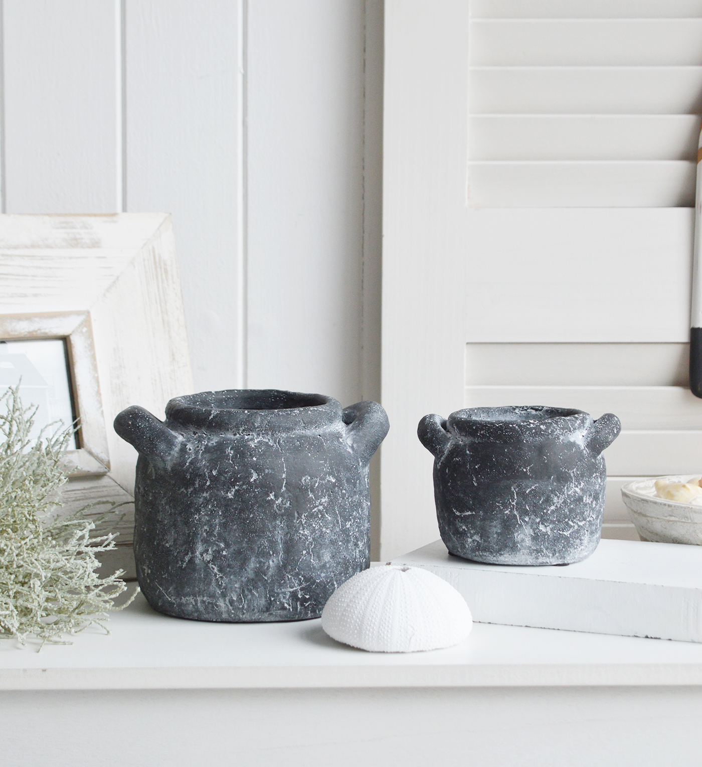 Newfane small stone pots, ideal for styling in New England styled homes for coastal, country and modern farmhouse interiors, complementing and contrasting the furniture