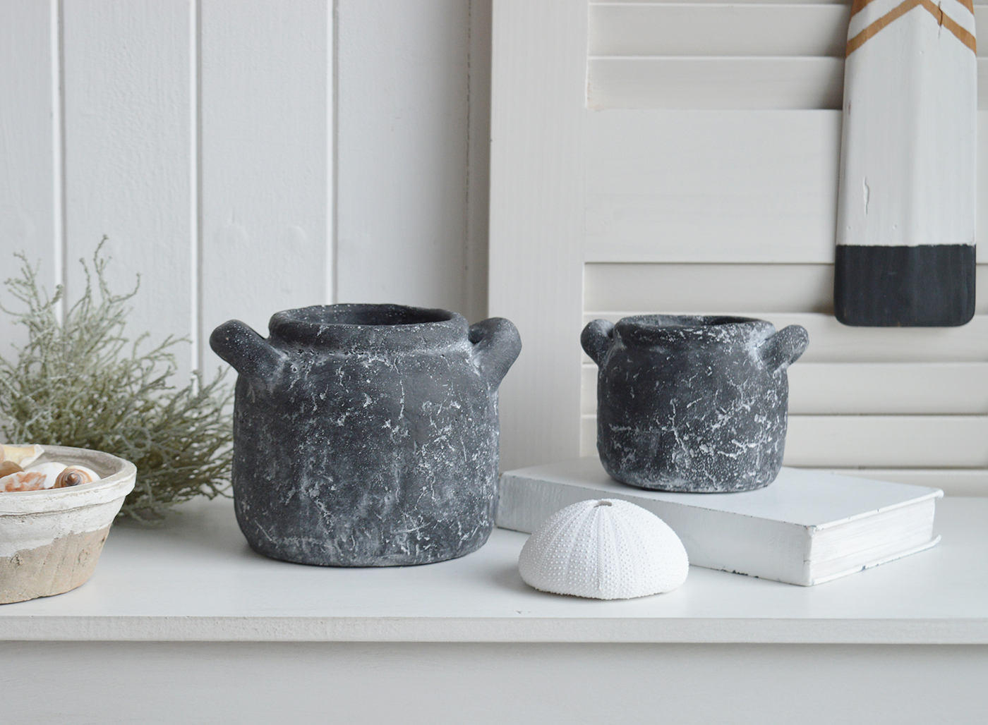 Newfane small stone pots, ideal for styling in New England styled homes for coastal, country and modern farmhouse interiors, complementing and contrasting the furniture