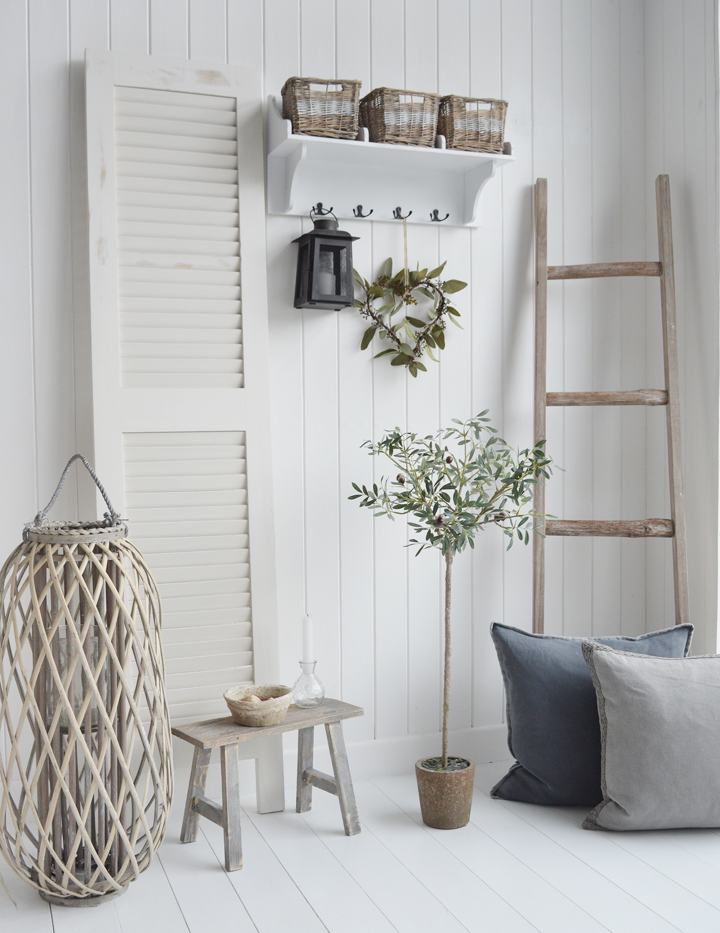 A simple photo of our artificial Olive tree along with the driftwood ladder for New England style country, cottage, modern farmhouse styled homes and interiors