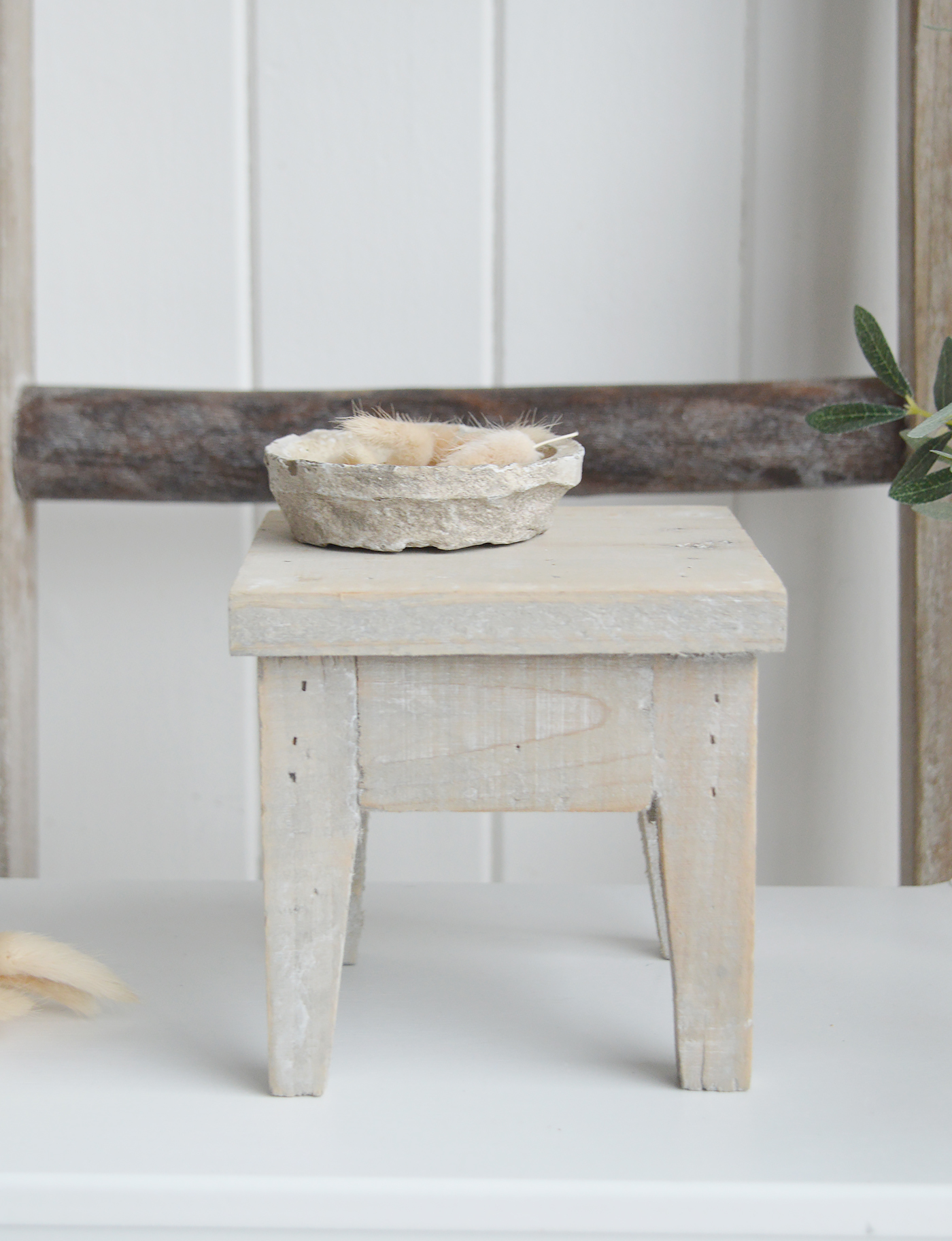 White Furniture and accessories for the home. Pawtucket little mini rustic wooden decorative stool for New England, Modern Farmhouse Country and coastal home interior decor