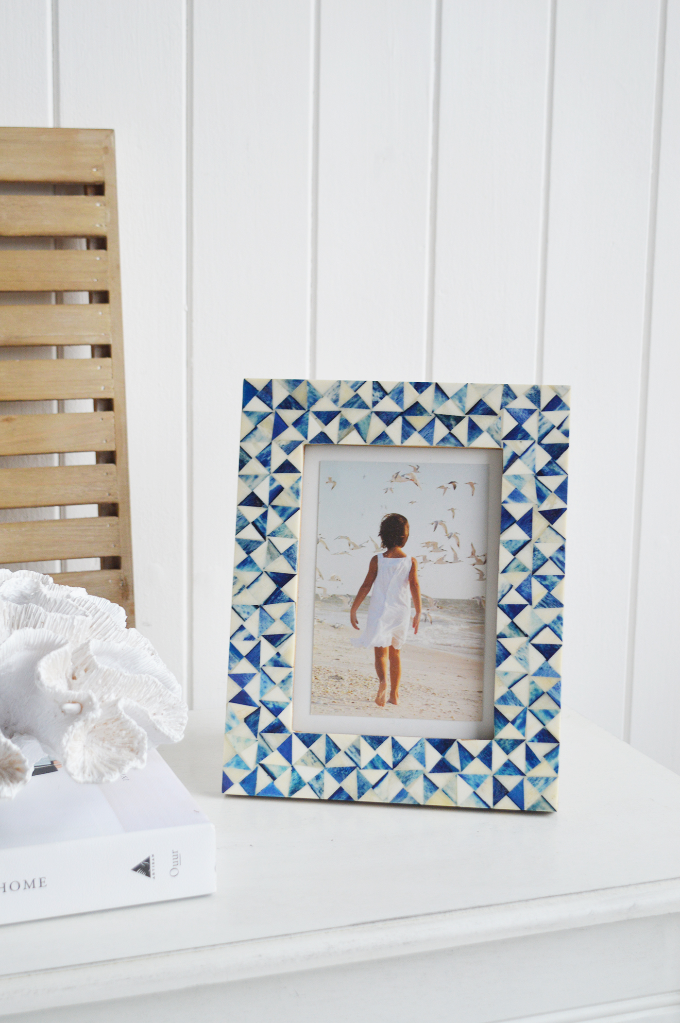 Salem White and Blue Photo Frame 5 x 7 photographs - portrait or landscape. White Furniture and home decor accessories for the New England styled home for all country, coastal and city houses