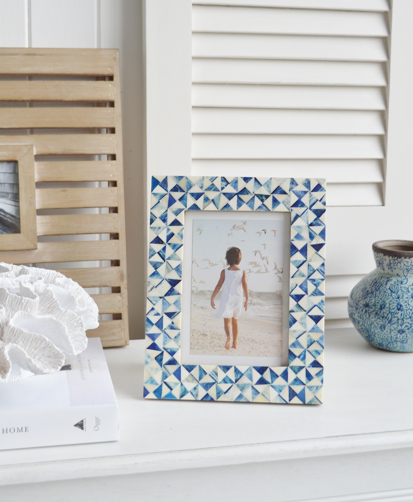 Salem White and Blue Photo Frame 5 x 7 photographs - portrait or landscape. White Furniture and home decor accessories for the New England styled home for all country, coastal and city houses