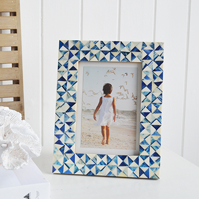 Salem White and Blue Photo Frame 5 x 7 photographs - portrait or landscape. White Furniture and home decor accessories for the New England styled home for all country, coastal and city houses