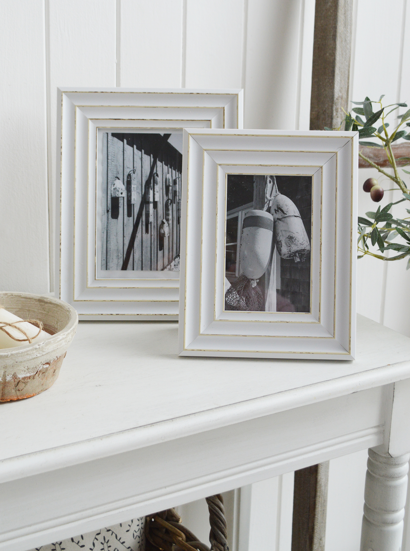 Colebrook Distressed White Photo Frames - New England Coastal Interiors. White Photo frame 5 x 7, 6 x 6 and 10 x 8