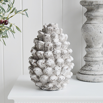Decorative Grey Distressed Pinecone from The White Lighthouse Home Decor. White Furniture and home decor accessories for New England, country, coastal and city interiors