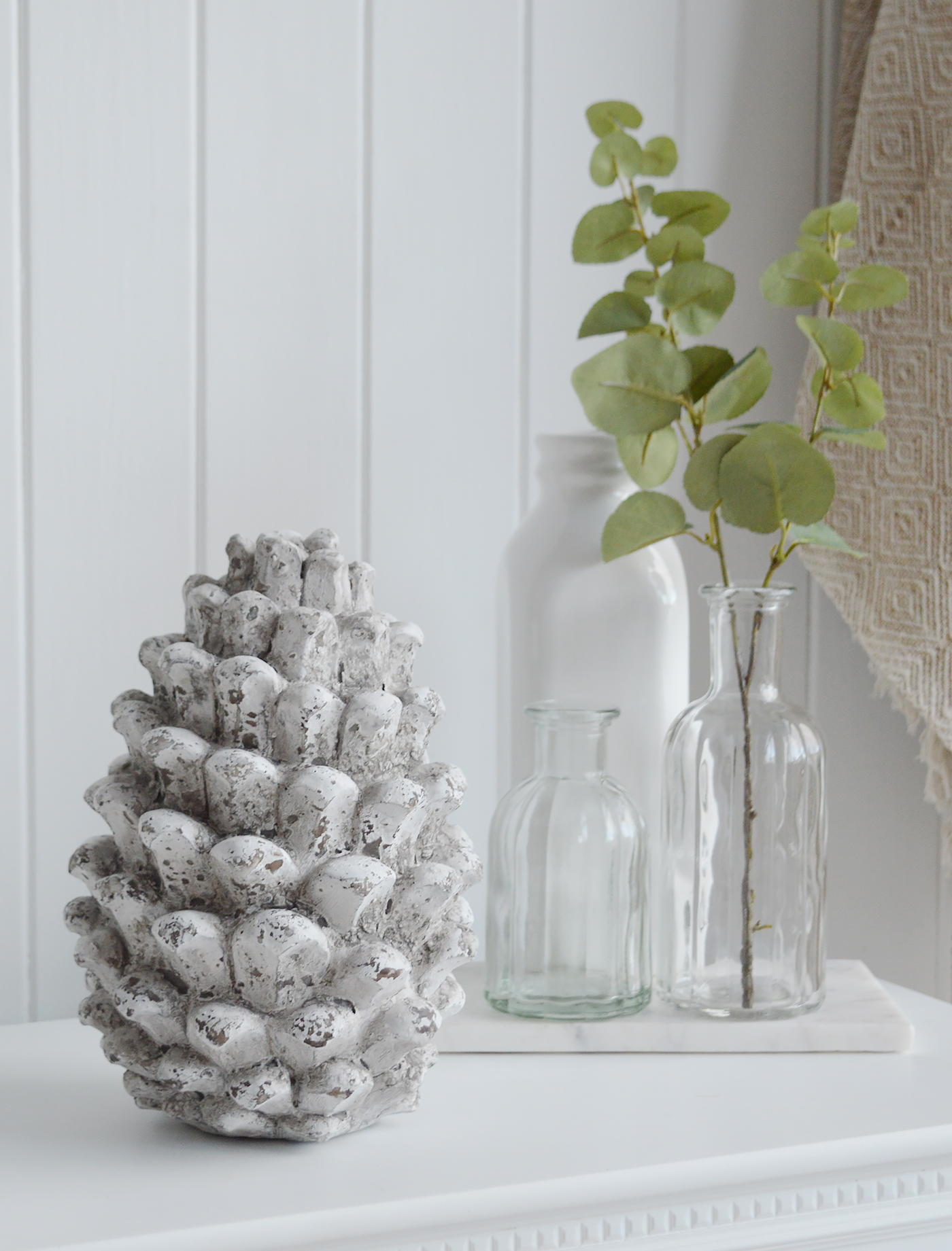 Decorative Grey Distressed Pinecone from The White Lighthouse Home Decor. White Furniture and home decor accessories for New England, country, coastal and city interiors