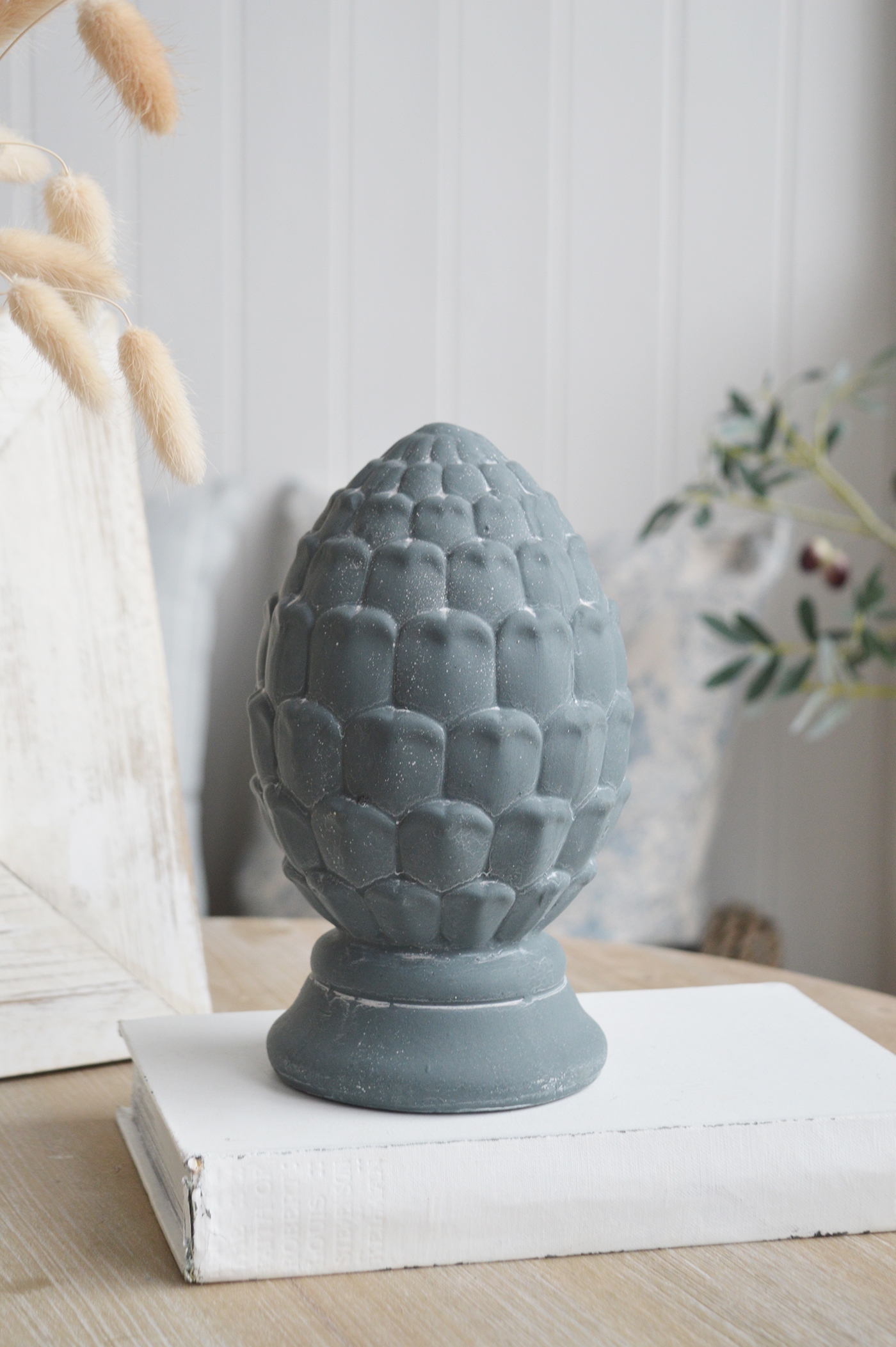 Standing Pinecones in aged stone for New England, Country and coastal home interior decor