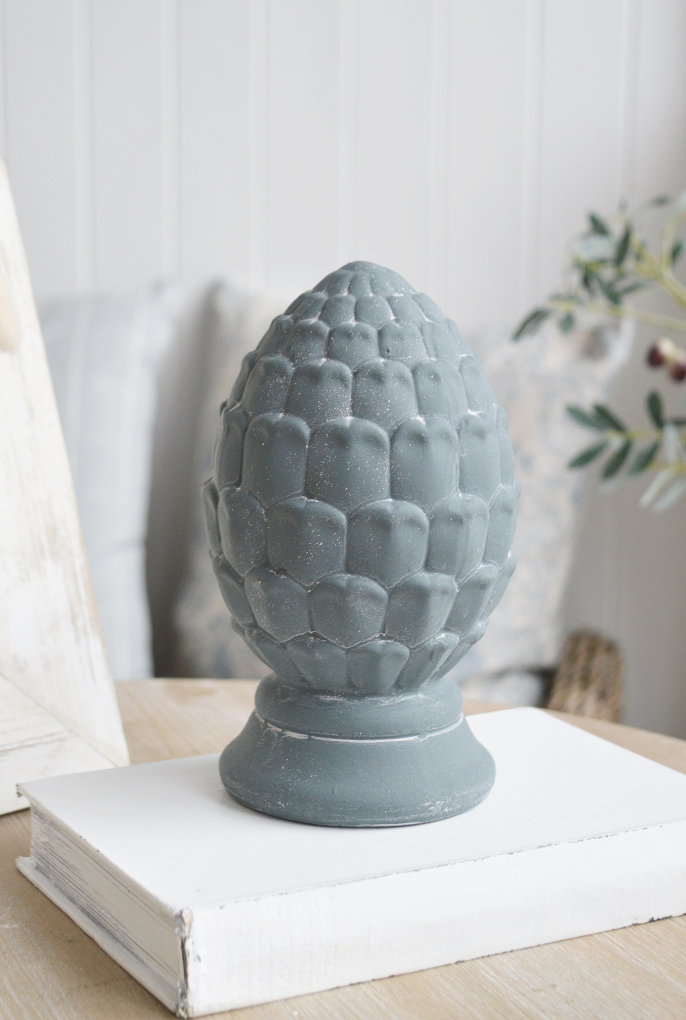 Standing Pinecones in aged stone for New England, Country and coastal home interior decor