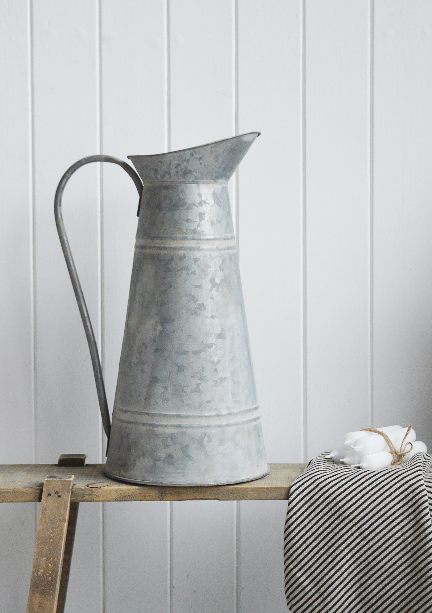 Tall zinc pitcher at 40 cm, to complement New England country, coastal and modern farmhouse home interiors and furniture