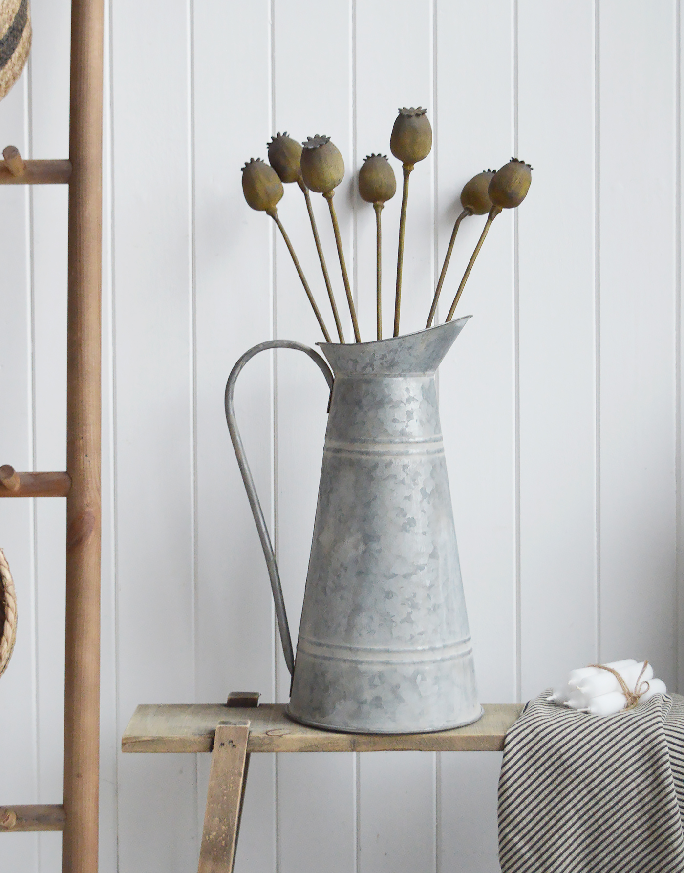 Tall zinc pitcher at 40 cm, to complement New England country, coastal and modern farmhouse home interiors and furniture