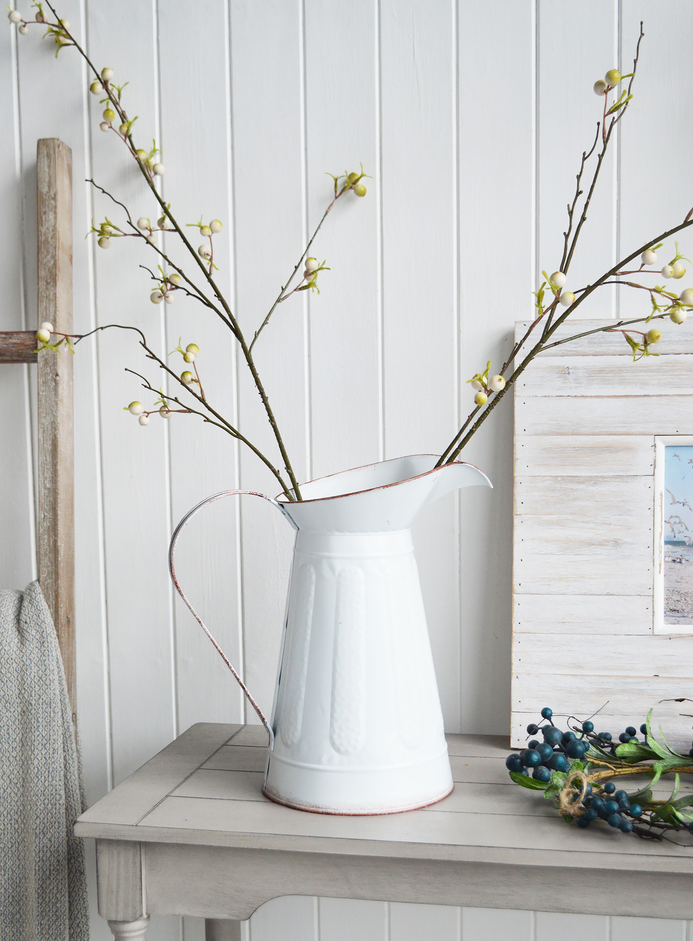 White Metal Jug Pitcher  from The White Lighthouse coastal, New England, farmhouse and country furniture and home decor accessories UK