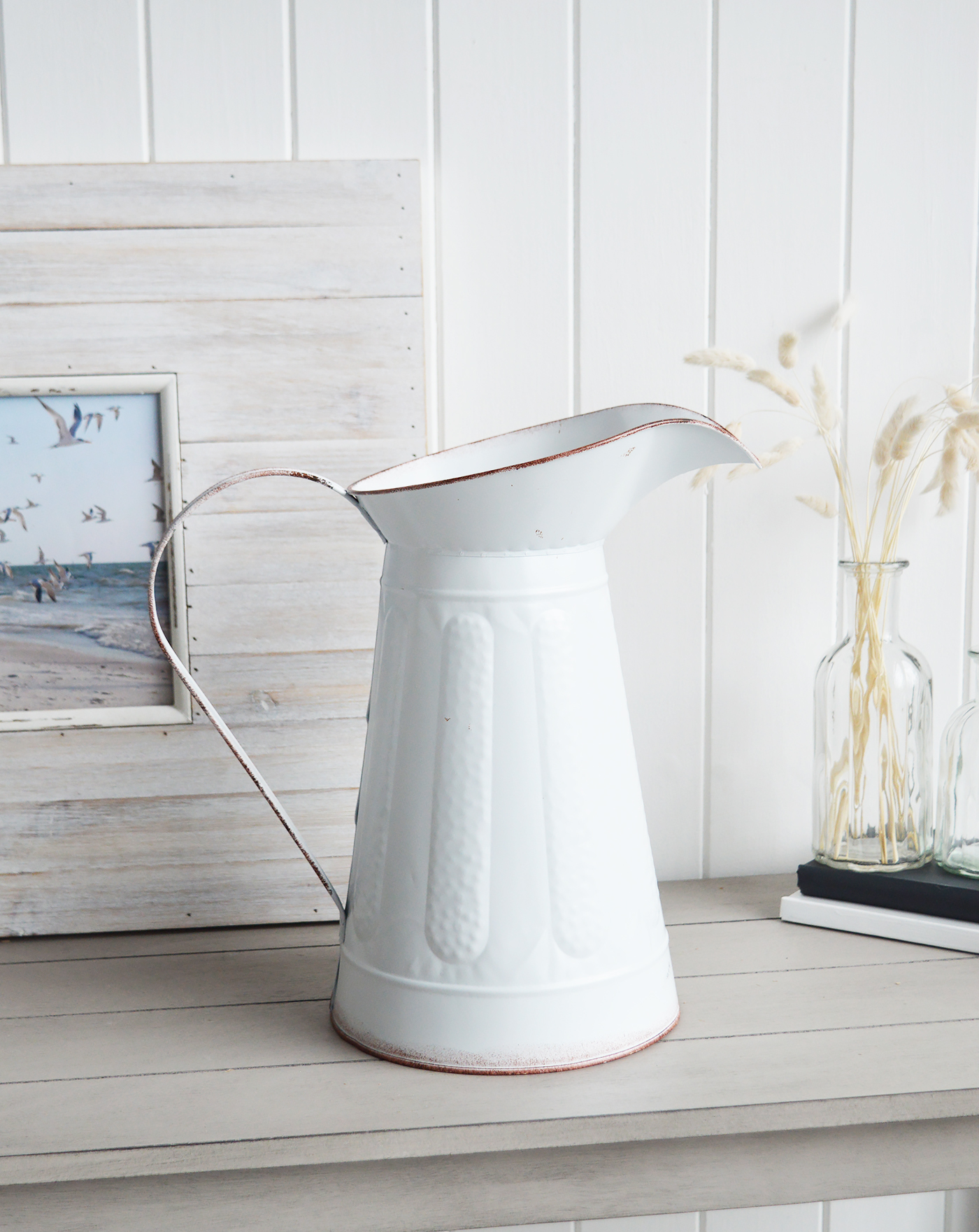 White Metal Jug Pitcher  from The White Lighthouse coastal, New England, farmhouse and country furniture and home decor accessories UK