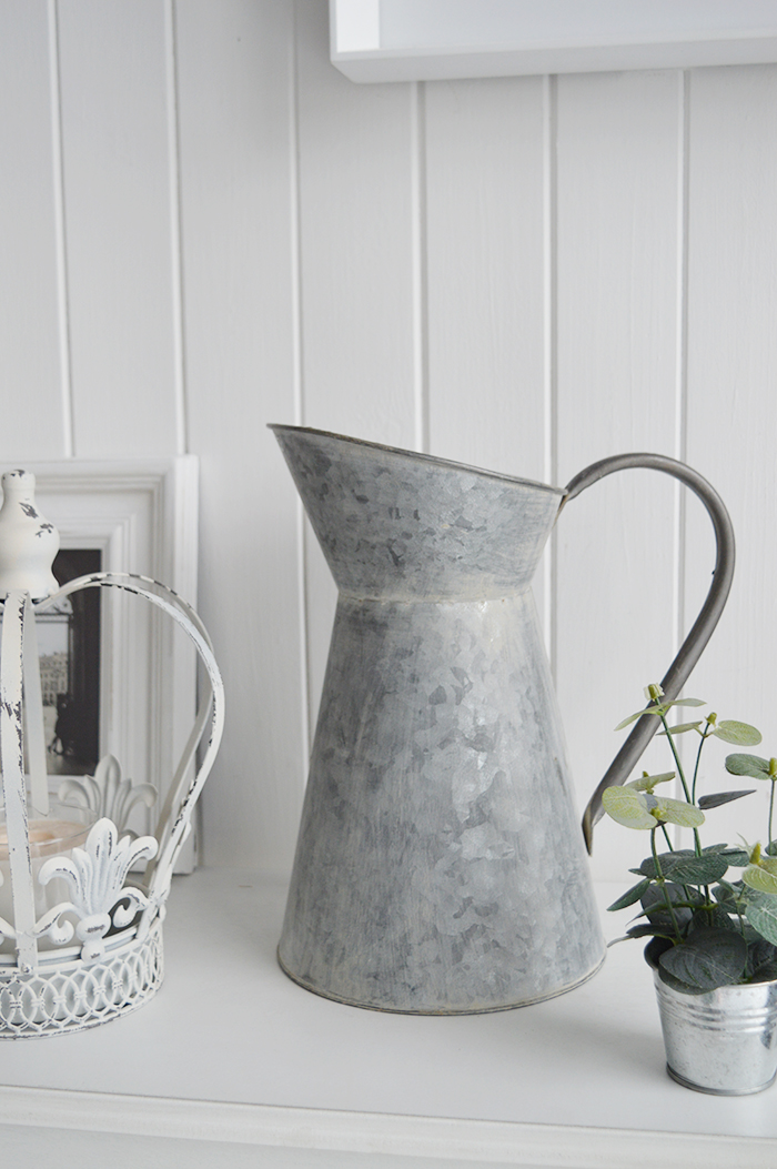 A large decorative Zinc pitcher for artificial flowers and greenery for New England, white country and coastal home interiors