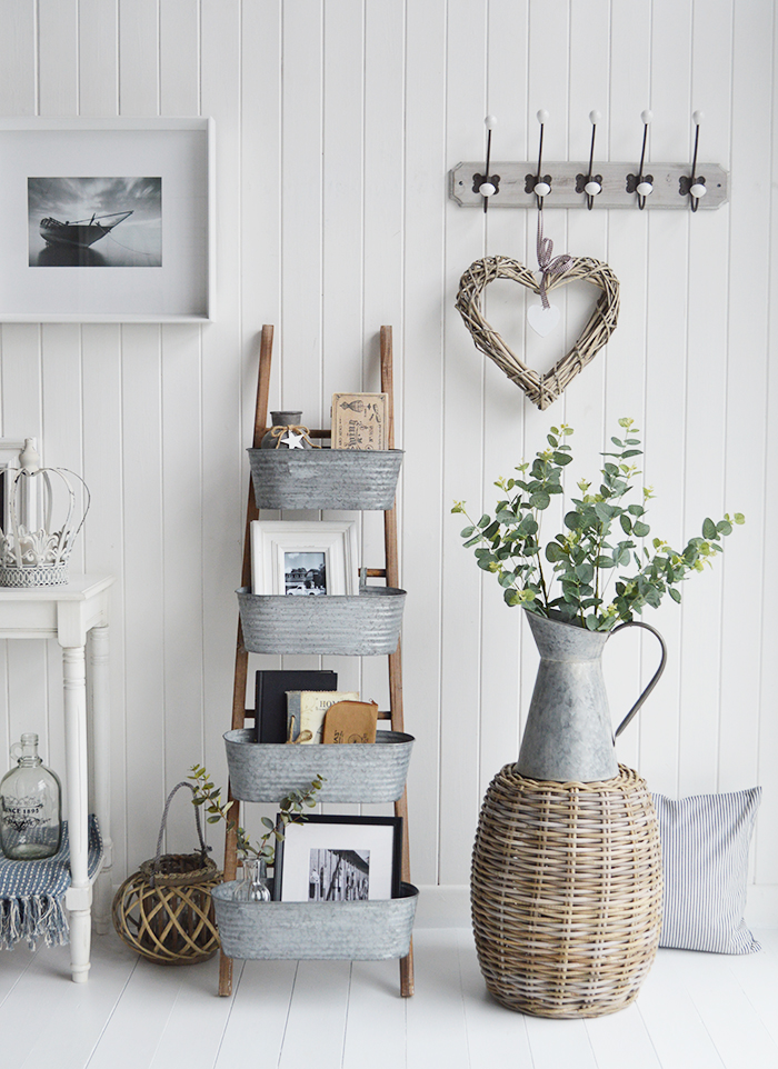 A large decorative Zinc pitcher for artificial flowers and greenery for New England, white country and coastal home interiors