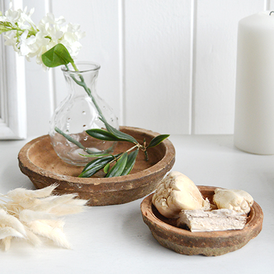 Rustic terracotta little plates for New England Furniture and Interiors. Farmhouse, coastal, country homes