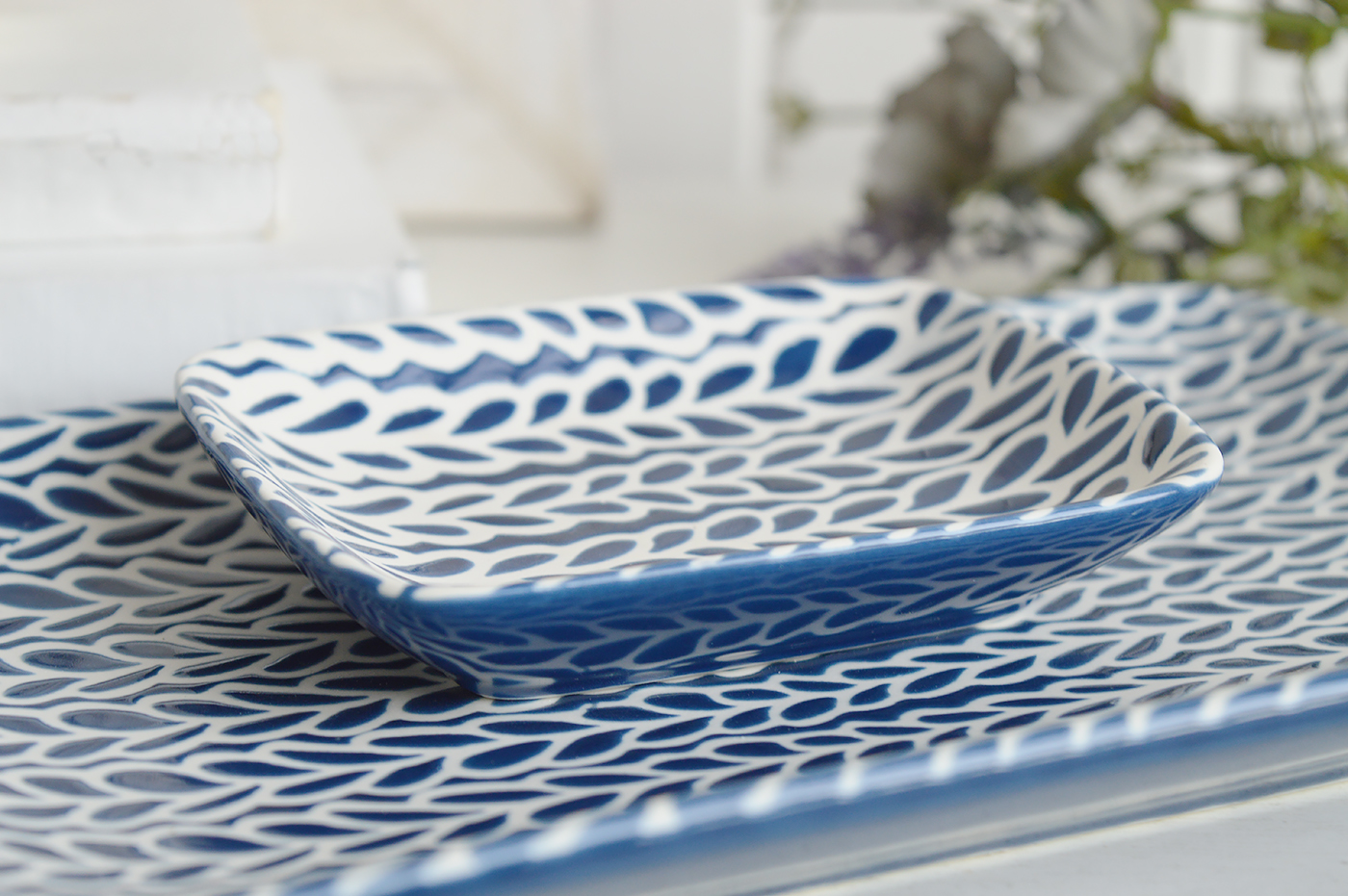 Norwell Navy Blue and White Trinket Dishes for New England styling and white interiors. Coastal, modern farmhouse furniture and home decor