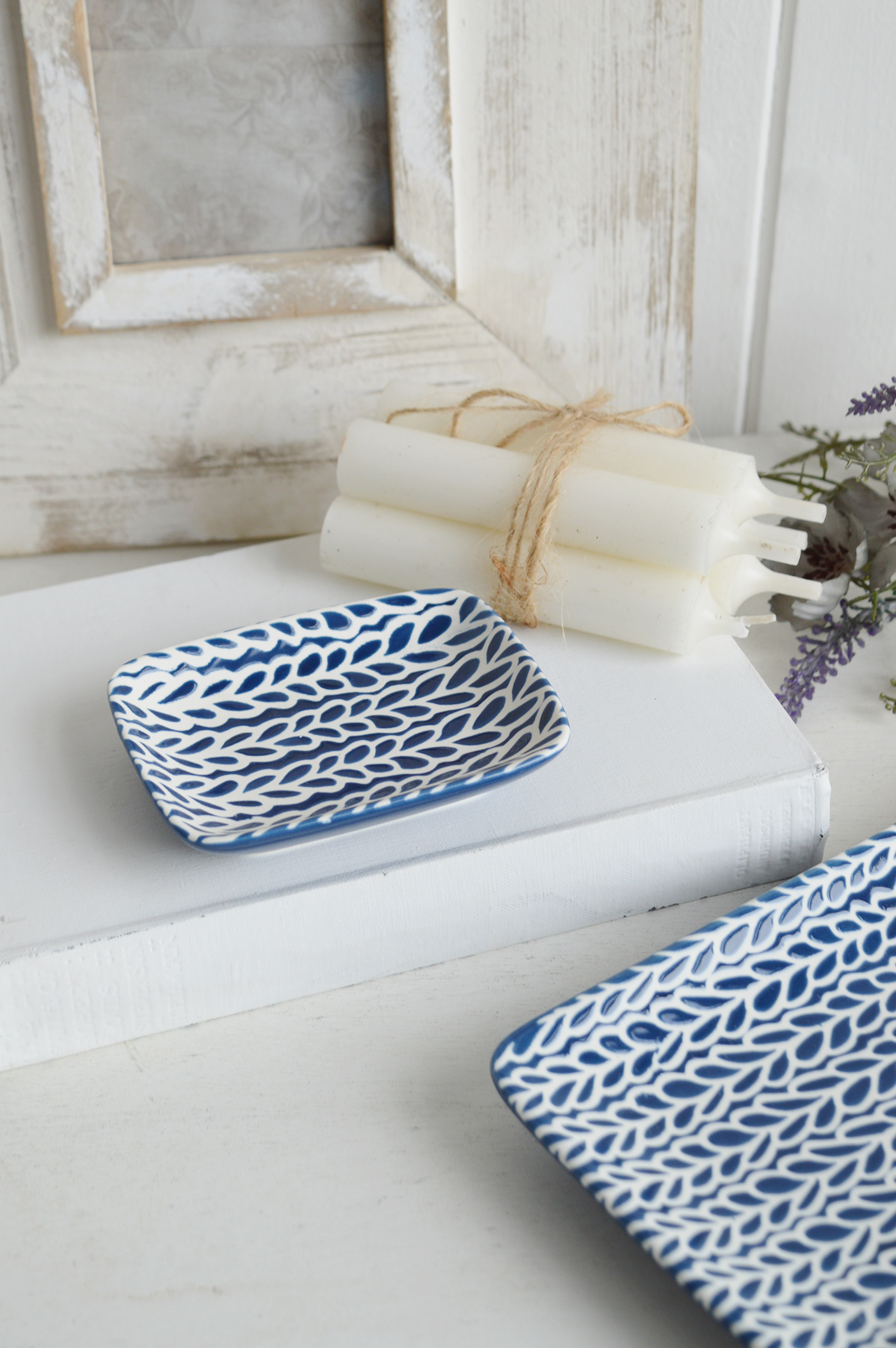 Norwell Navy Blue and White Trinket Dishes for New England styling and white interiors. Coastal, modern farmhouse furniture and home decor