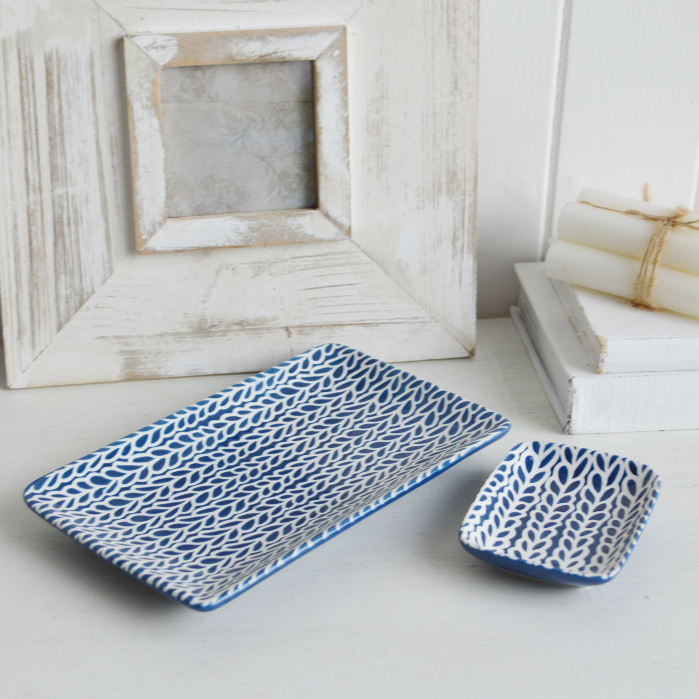 Norwell Navy Blue and White Trinket Dishes for New England styling and white interiors. Coastal, modern farmhouse furniture and home decor