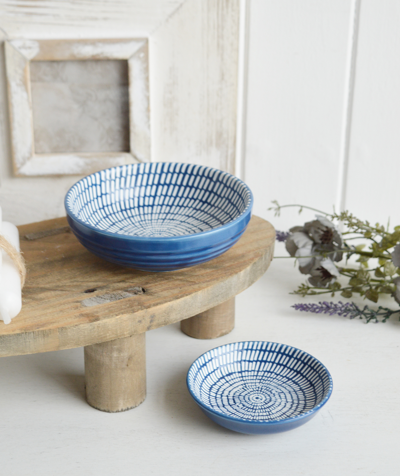 Norwell Navy Blue and White Trinket Dishes for New England styling and white interiors. Coastal, modern farmhouse furniture and home decor