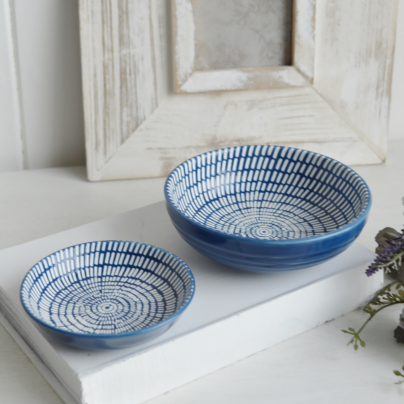 Norwell Navy Blue and White Trinket Dishes for New England styling and white interiors. Coastal, modern farmhouse furniture and home decor