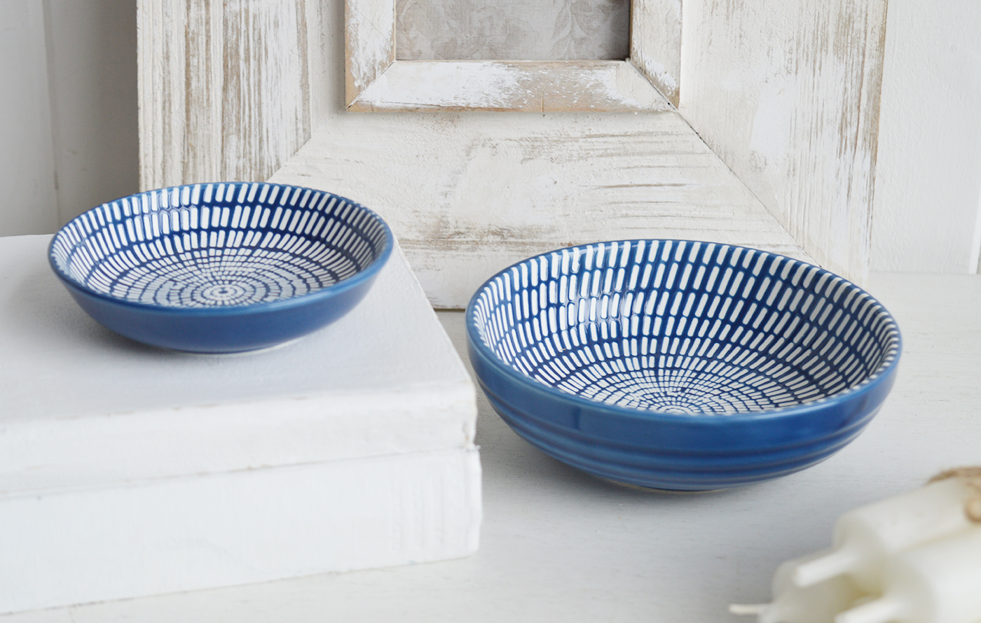 Norwell Navy Blue and White Trinket Dishes for New England styling and white interiors. Coastal, modern farmhouse furniture and home decor