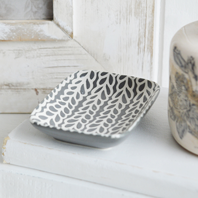 Norwell Grey and White Trinket Dishes for New England styling and white interiors. Coastal, modern farmhouse furniture and home decor