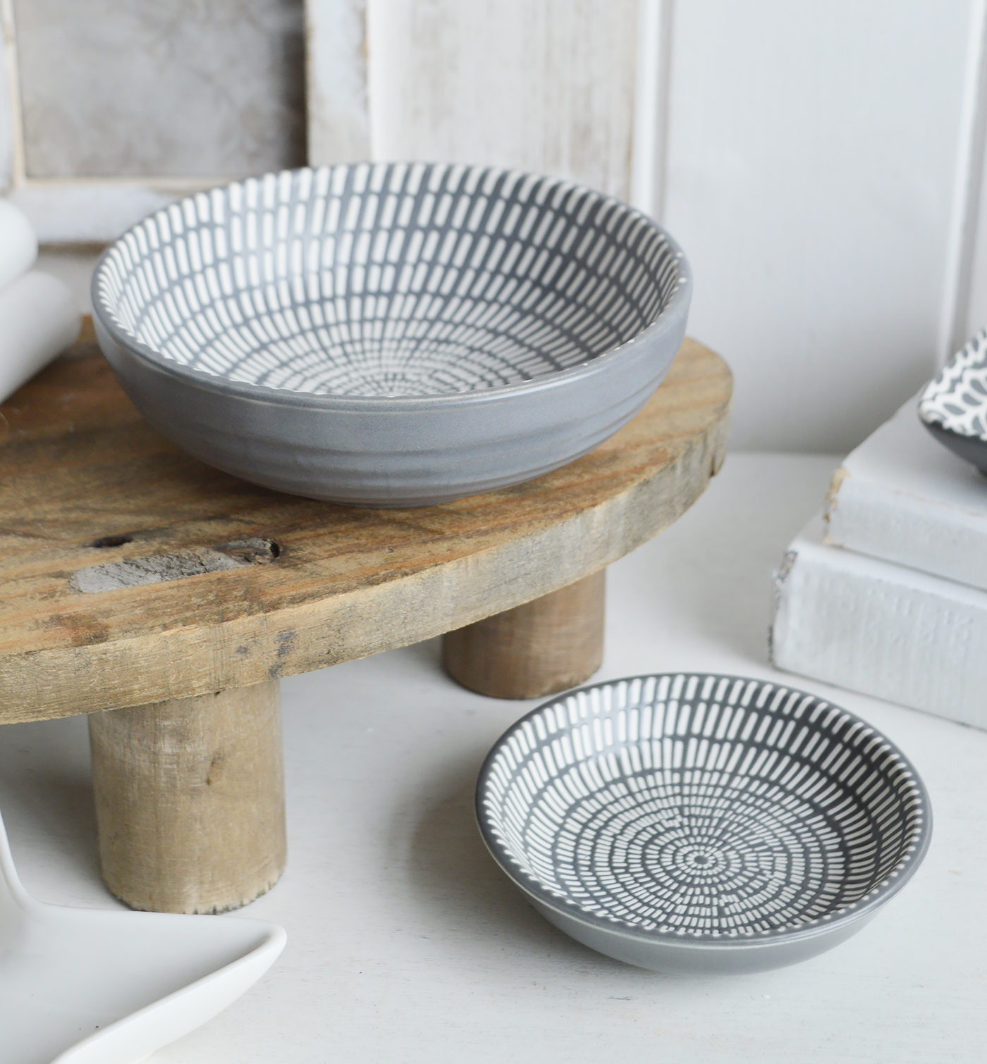 Norwell Grey and White Trinket Dishes for New England styling and white interiors. Coastal, modern farmhouse furniture and home decor