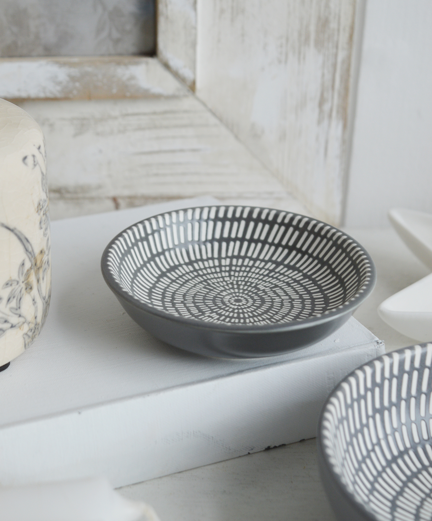Norwell Grey and White Trinket Dishes for New England styling and white interiors. Coastal, modern farmhouse furniture and home decor