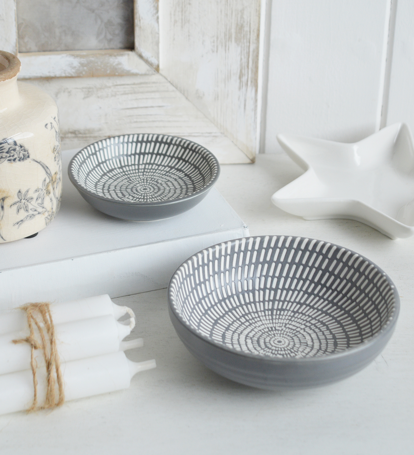 Norwell Grey and White Trinket Dishes for New England styling and white interiors. Coastal, modern farmhouse furniture and home decor