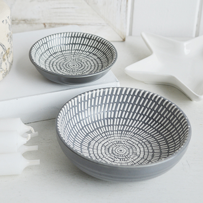 Norwell Grey and White Trinket Dishes for New England styling and white interiors. Coastal, modern farmhouse furniture and home decor