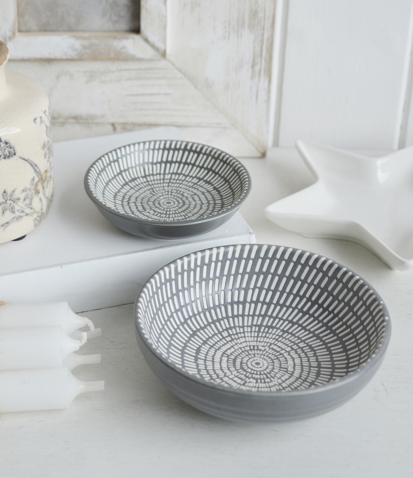 Norwell Grey and White Trinket Dishes for New England styling and white interiors. Coastal, modern farmhouse furniture and home decor